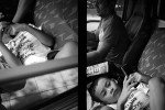 un père et son fils dans un car rapide à Bangkok, en Thaïlande en 2016, janvier © Photo Deborah Metsch